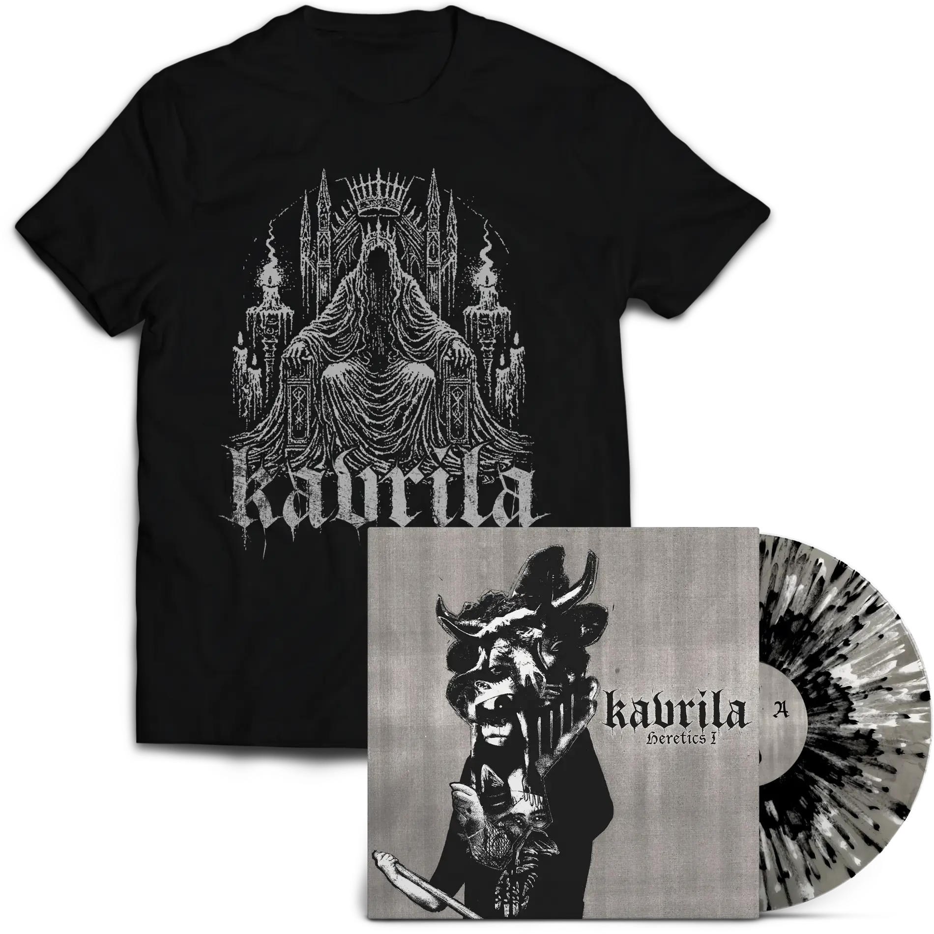 KAVRILA · Heretics I | CLEAR MARBLED WHITE/BLACK SPLATTER LP+SHIRT BUNDLE (Sludge/Doom Metal/Black Metal/Hardcore Vinyl)