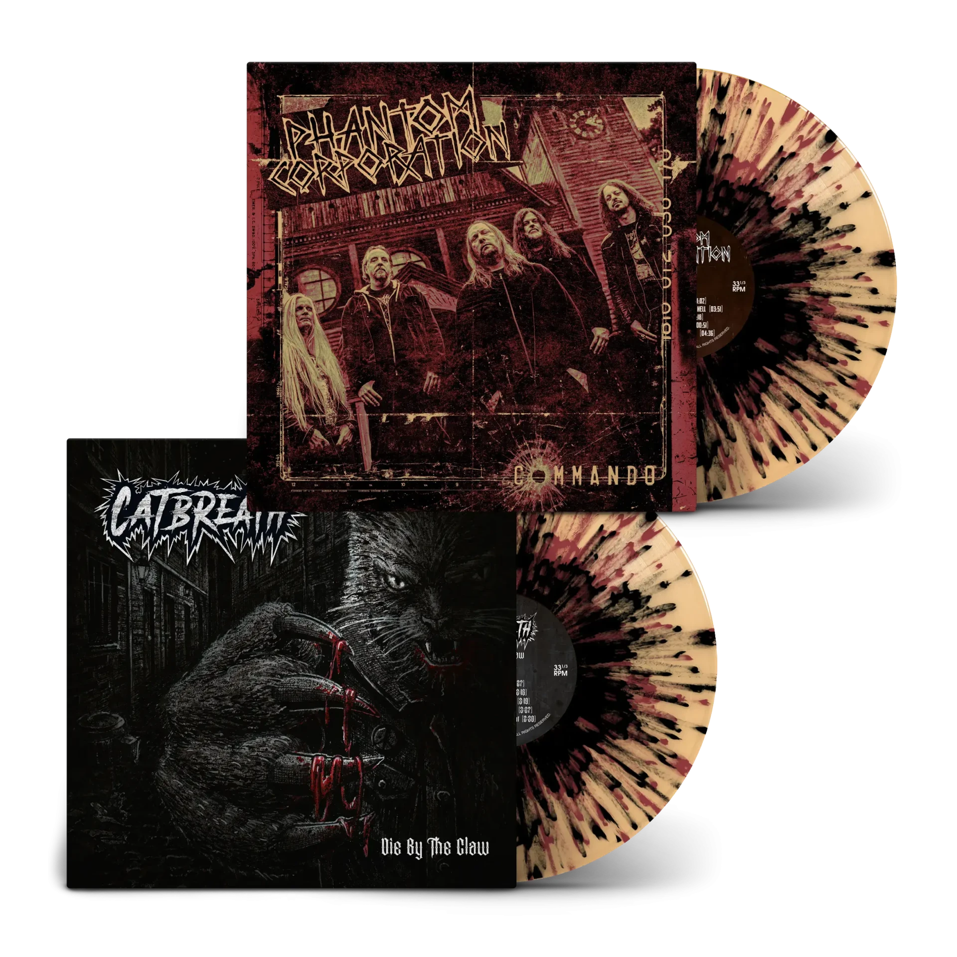 PHANTOM CORPORATION / CATBREATH · Commando / Die By The Claw | ORANGE/BLACK/RED SPLATTER LP (Thrash Metal/Death Metal Vinyl)