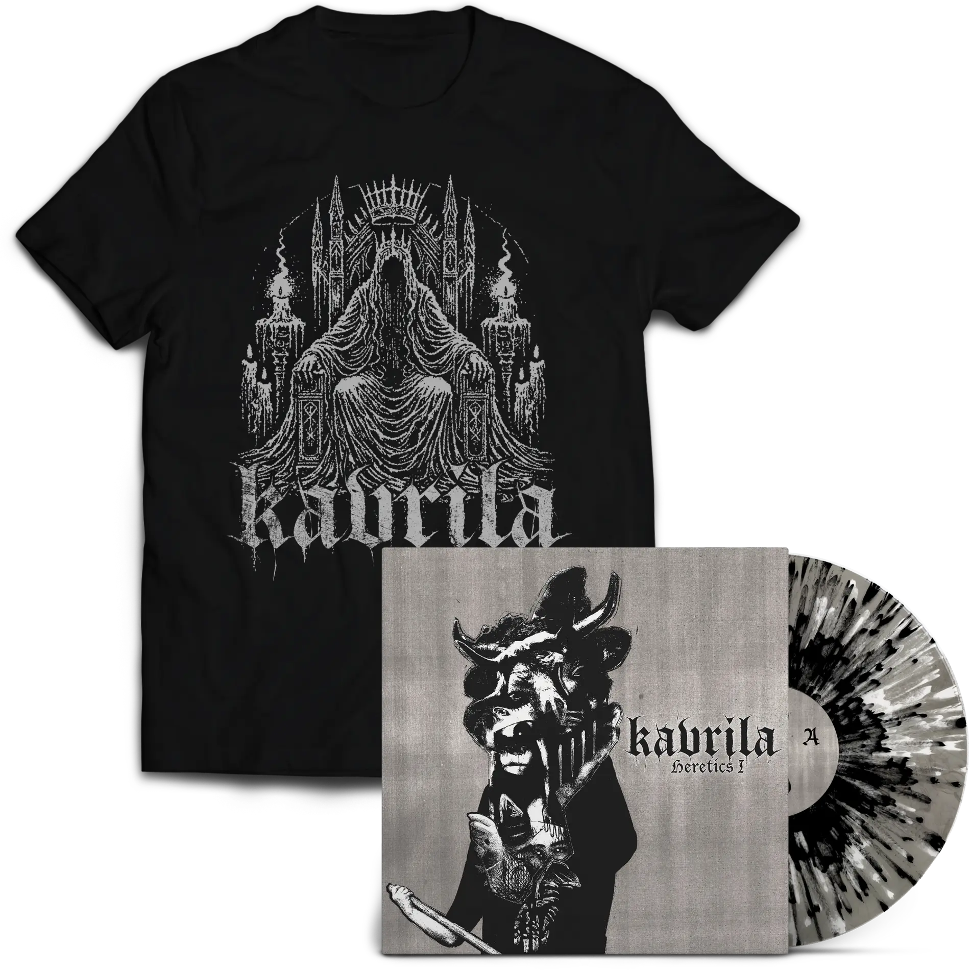 KAVRILA · Heretics I | CLEAR MARBLED WHITE/BLACK SPLATTER LP+SHIRT BUNDLE (Sludge/Doom Metal/Black Metal/Hardcore Vinyl)