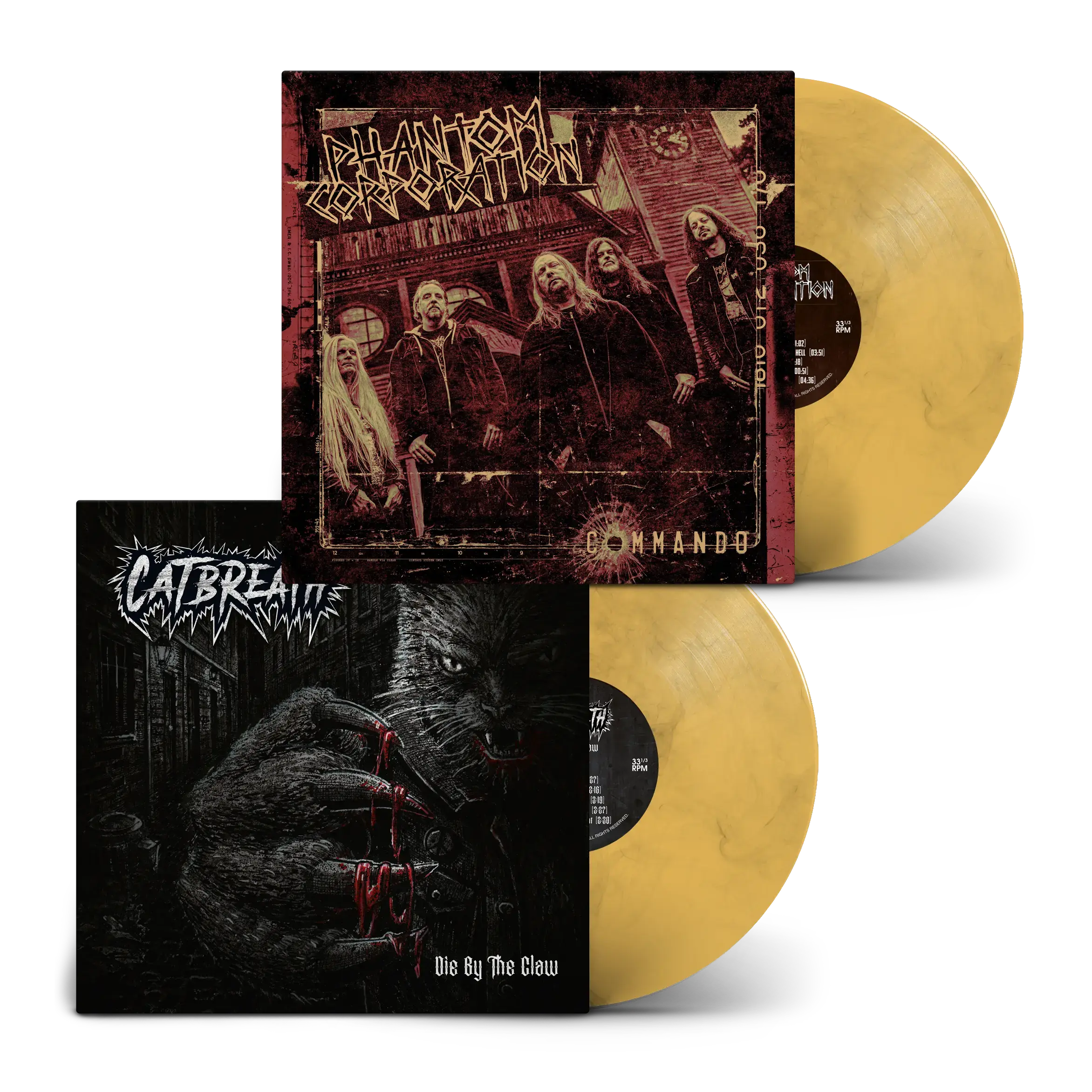 PHANTOM CORPORATION / CATBREATH · Commando / Die By The Claw | ORANGE BLACK MARBLED LP (Thrash Metal/Death Metal Vinyl)