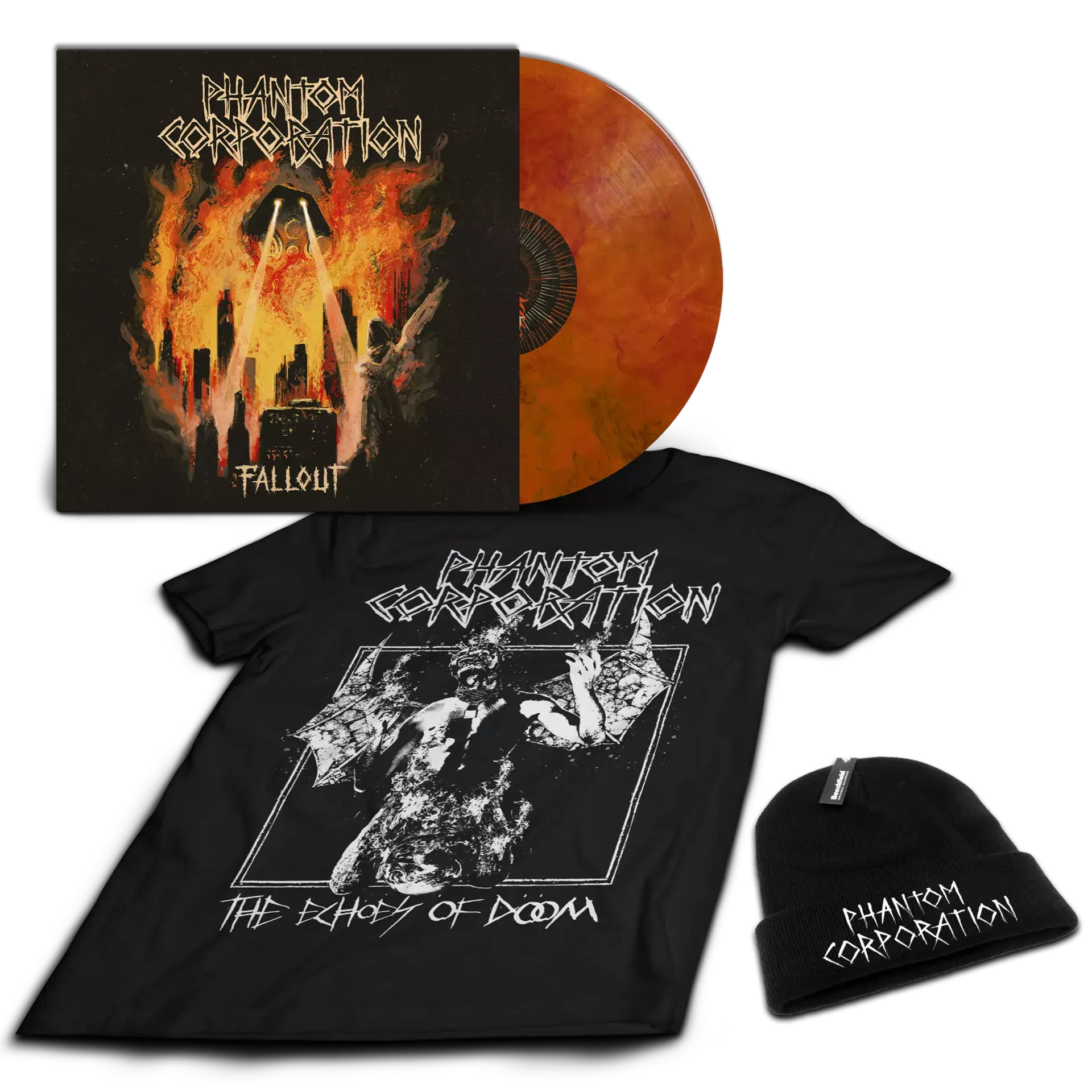 PHANTOM CORPORATION - Fallout · FIRE COLORED LP BUNDLE (Death Metal Vinyl)