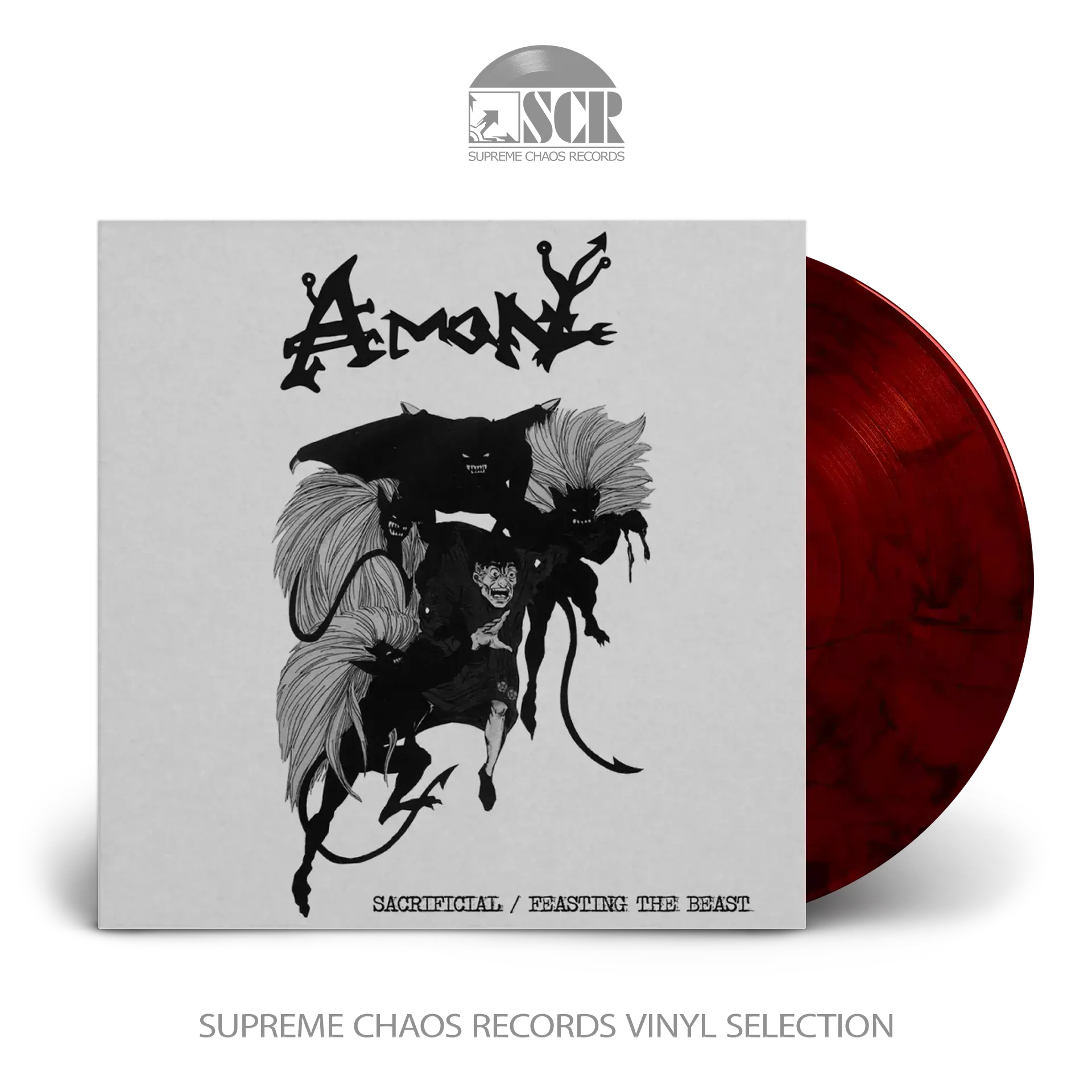 AMON · Sacrificial / Feasting The Beast | RED/BLACK MARBLED LP (Death Metal Vinyl)