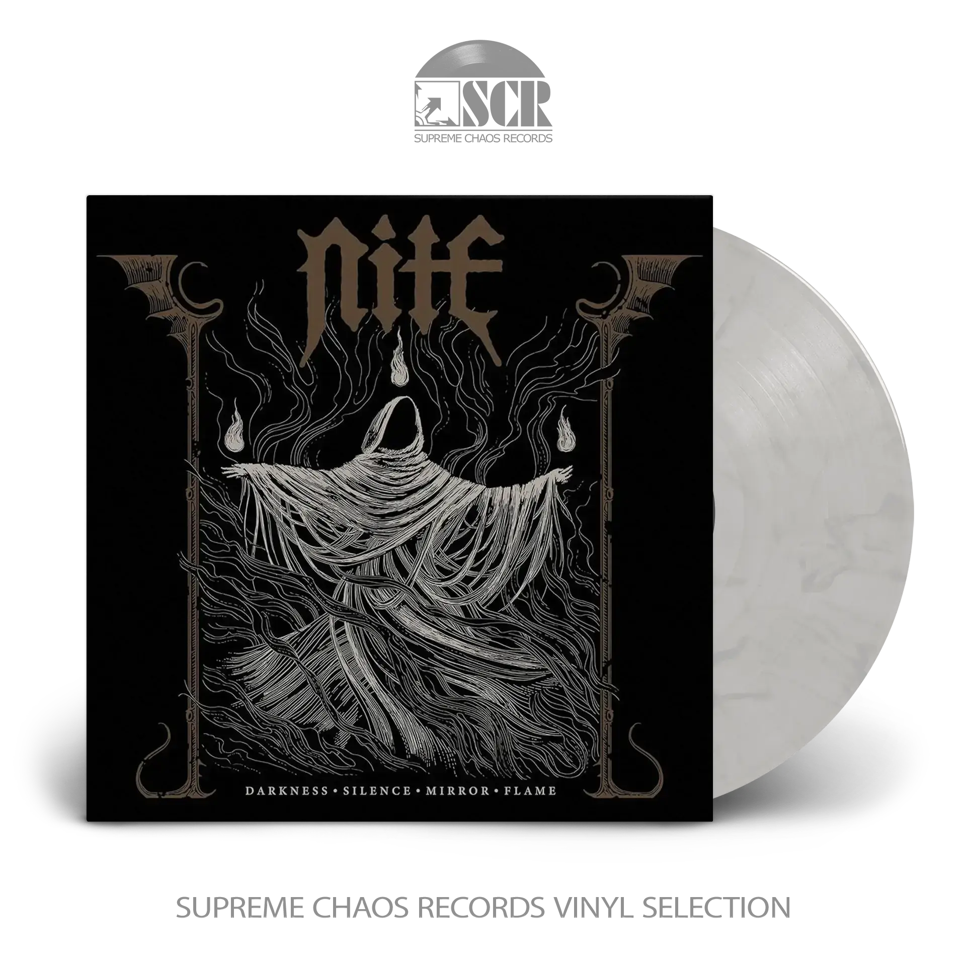NITE - Darkness Silence Mirror Flame · WHITE/BLACK MARBLED LP NITE - Darkness Silence Mirror Flame · WHITE/BLACK MARBLED LP (Heavy Metal/Black Metal Vinyl)